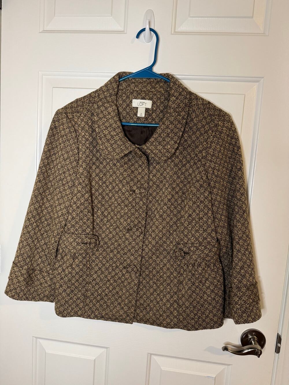 Ann Taylor Loft Tweed Wool Blazer Jacket Brown Tan Crop Classic British Look 12